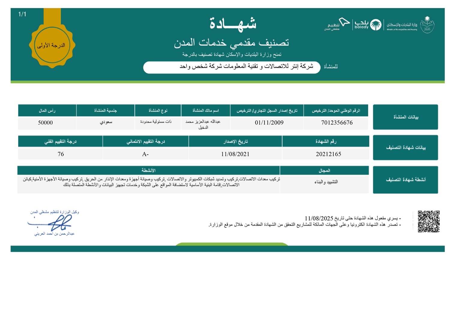 شهادة تصنيف مقدمي خدمات المدن